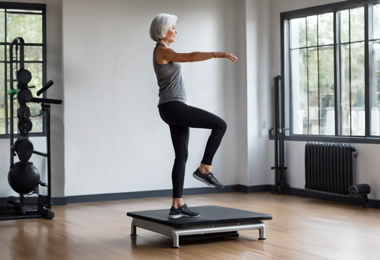 Older woman stepping onto a low exercise platform