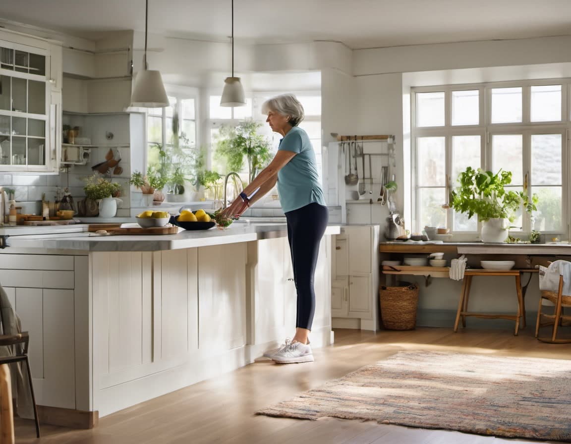 Woman in her 60s practicing balance beside a kitchen counter