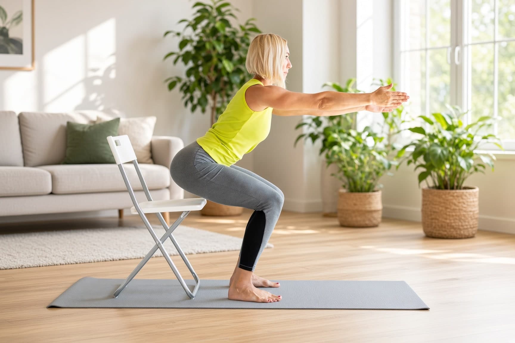 Woman lowering her hips toward a sturdy chair in a bright living room, arms reaching forward