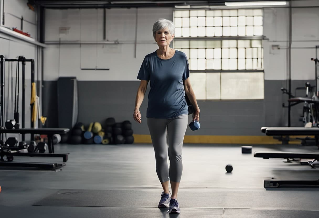 Woman in her 60s practicing a suitcase carry with one dumbbell