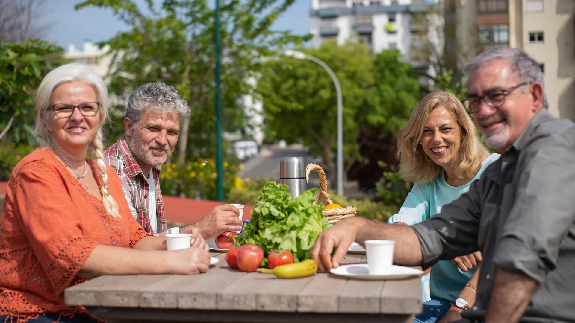 Active older adults enjoying conversation outdoors
