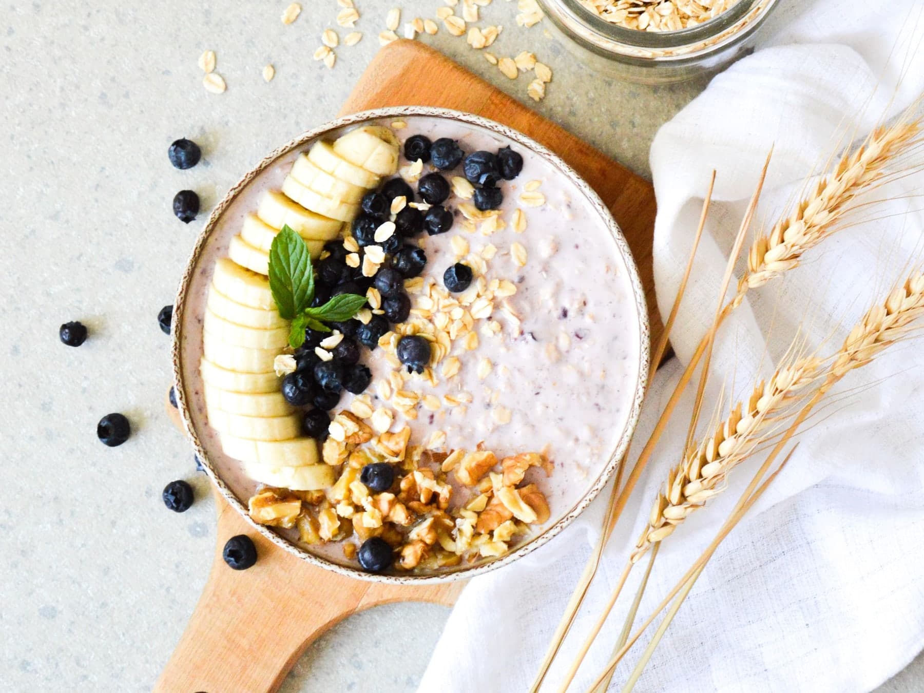 Oatmeal topped with blueberries and walnuts