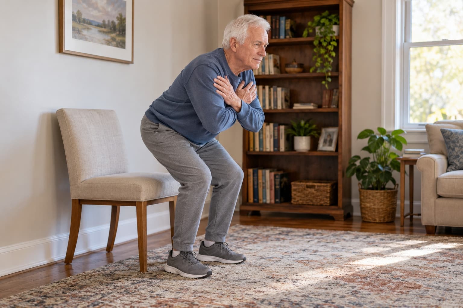Man in his 70s rising from a chair with arms crossed, leaning forward with his nose over his toes