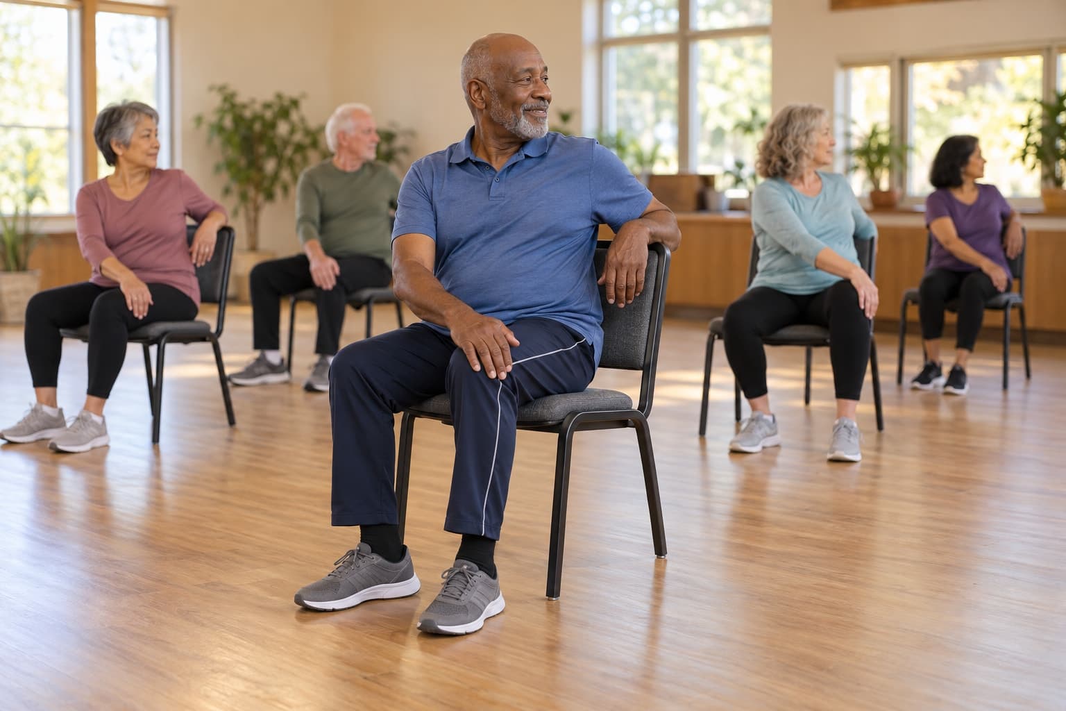Man in his 70s doing a gentle seated twist on a chair in a community center class