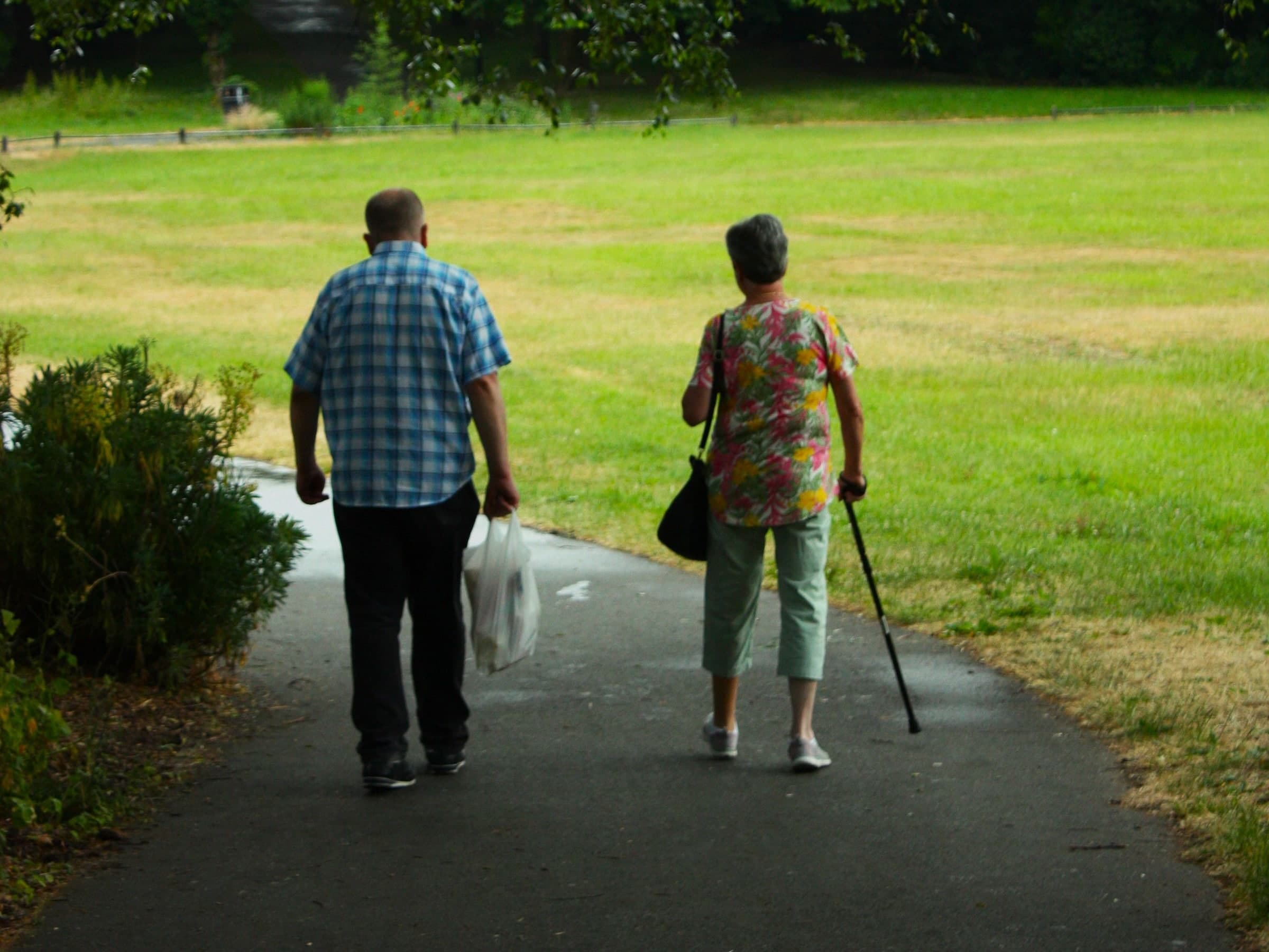 Older adults practicing gentle exercise together outdoors.