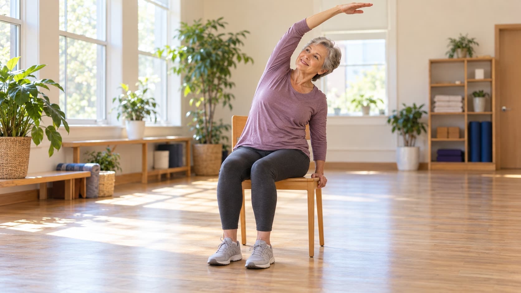 Woman in her 60s doing a seated side bend on a wooden chair in a bright living room