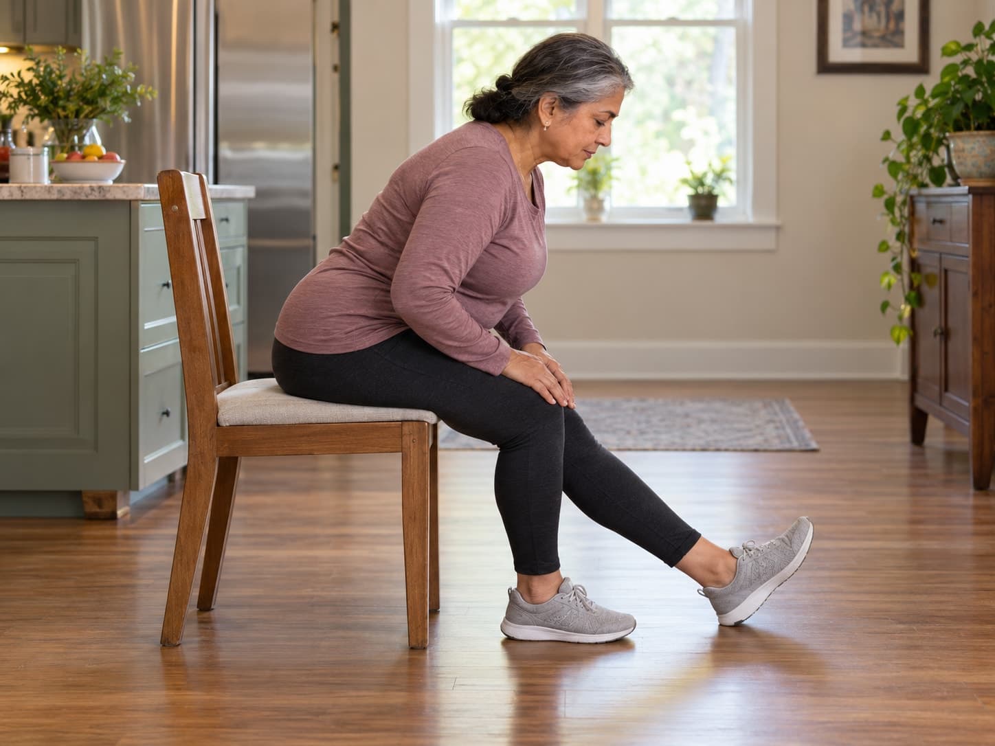 Woman in her 60s hinging forward from the hips with a straight back while seated on a kitchen chair
