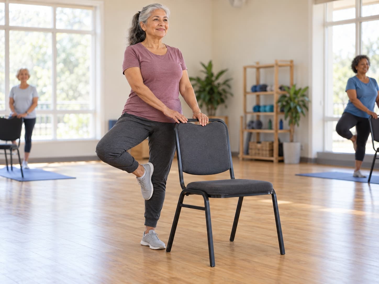 Woman in her 70s balancing in tree pose behind a chair with fingertips resting on the chair back