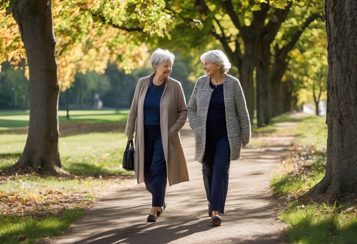 Two women in their 60s walking together outdoors