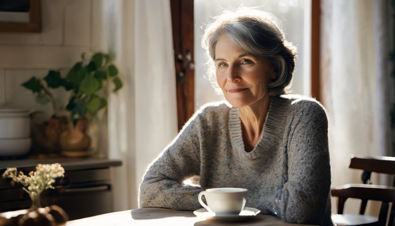 Woman in her early 60s enjoying a peaceful morning at home